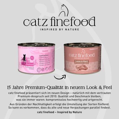 catz finefood Lam & Paard in het nieuwe en oude verpakkingsdesign. Opmerking: Overgang naar nieuw design, de kwaliteit blijft onverminderd hoogwaardig. Beide blikjes afgebeeld.