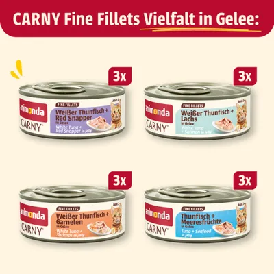 Animonda Carny Fine Fillets Variatie in Gelei: 3x Witte tonijn + Red Snapper, 3x Witte tonijn + zalm, 3x Witte tonijn + garnalen, 3x Tonijn + zeevruchten. Animonda Carny Fine Fillets Variatie in Gelei: 3x Witte tonijn + Red Snapper, 3x Witte tonijn + zalm, 3x Witte tonijn + garnalen, 3x Tonijn + zeevruchten.