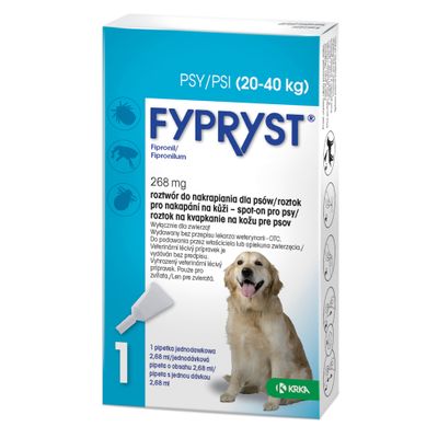 FYPRYST 67 mg, roztwór typu spot-on dla psów 2–10 kg, 1 pipeta po 0,67 ml. Zawiera fipronil. Wyłącznie dla zwierząt. Producent: KRKA.