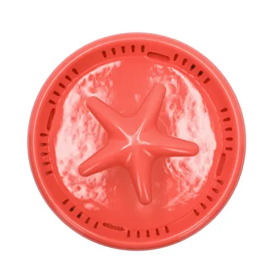 Red plastic lid with star-shaped handle and ventilation slots, suitable for covering round containers.