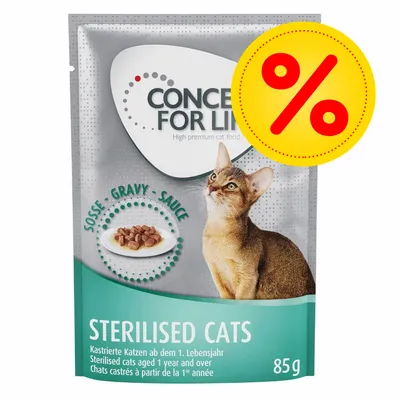 Sterilised cats wet food in gravy, suitable for cats aged 1 year and over. 85g pouch with percentage discount symbol shown.