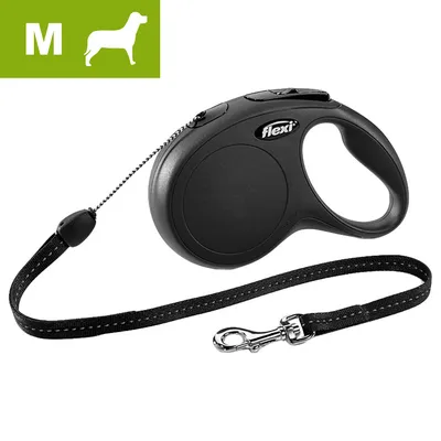 Retractable black lead with handle and clip, shown in medium size with a dog icon and letter M in the corner.