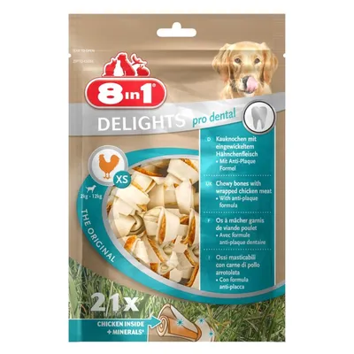 8in1 Delights pro dental XS, 21 sztuk, kości do żucia z mięsem kurczaka dla psów 2–12 kg, formuła przeciw płytce nazębnej, chicken inside + minerals
