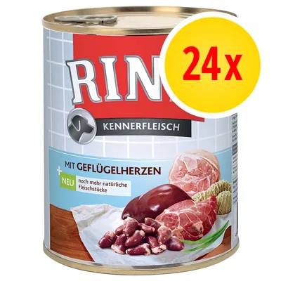 Rinti Kennerfleisch met gevogelteharten, 24x. Op het blik: stukken vlees en orgaanvlees, tekst 'mit Geflügelherzen', 'neu noch mehr natürliche Fleischstücke'. Rinti Kennerfleisch met gevogelteharten, 24x. Op het blik: stukken vlees en orgaanvlees, tekst 'mit Geflügelherzen', 'neu noch mehr natürliche Fleischstücke'.