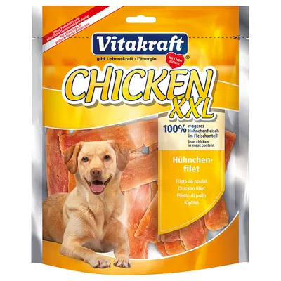Vitakraft CHICKEN XXL, 100 % magert hönskött i köttandel, Hähnchenfilet. Förpackning med kycklingfilé för hundar synlig genom plasten.