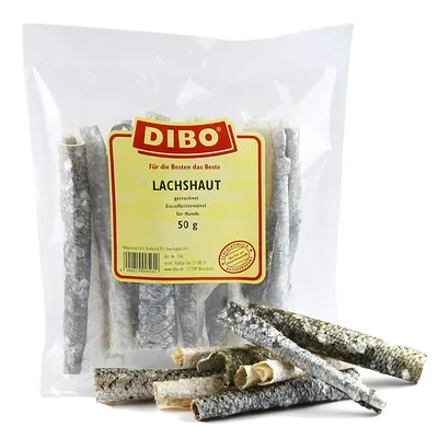 DIBO LACHSHAUT, kuivattua lohennahkaa koirille, 50 g. Saksankielinen etiketti: Für die Besten das Beste, Einzelfuttermittel für Hunde.