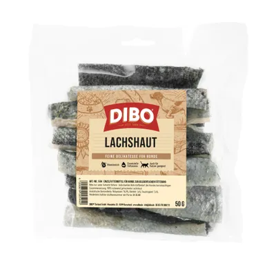 DIBO laxskinn, fin delikatess för hundar, rik på vitaminer, essentiella fettsyror, även lämplig för katter, 50 g påse.