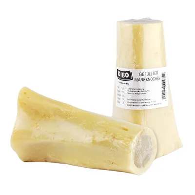 DIBO Gefüllter Markknochen, synlig etikett med ingredienser: Rinderknochen, Schaffett, Fleisch, Weizenmehl. Märgben av benmaterial. Text på tyska.