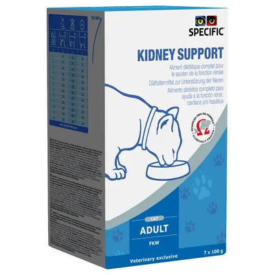 Кутия Specific Kidney Support Cat Adult FKW 7×100 г. Видима таблица с насоки за хранене според теглото на котката. Текст: Veterinary exclusive, Advanced fish oil formula.