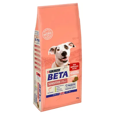 Bag showing Purina Beta Sensitive with salmon, new improved recipe, no added artificial colours, flavours or preservatives, prebiotic for digestive health, 14kg, made in the UK.
