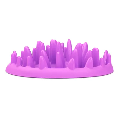 Violetti anti-ahmimiskuppi, jossa korotetut piikit hidastavat syömistä, valmistettu muovista.