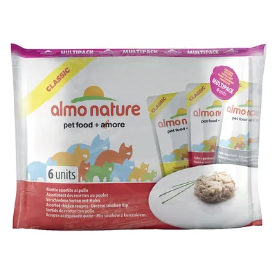 Multipack Almo Nature pet food + amore Classic, 6 unidades. Sortido de receitas com frango. Texto em várias línguas visível na embalagem.