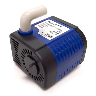 Bomba de água HJ-311, tensão: 220V 50Hz, potência: 2W, altura de elevação: 0,6m, fluxo: 300l/h, certificado CE visível.