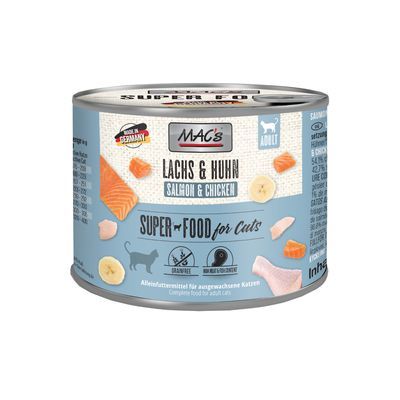 MAC's Lachs & Huhn Salmon & Chicken natvoer voor katten, blik met afbeeldingen van zalm, kip en banaan, tekst: Super Food for Cats, Adult, Made in Germany.