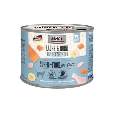 MAC's Lachs & Huhn Salmon & Chicken natvoer voor katten, blik met afbeeldingen van zalm, kip en banaan, tekst: Super Food for Cats, Adult, Made in Germany. MAC's Lachs & Huhn Salmon & Chicken natvoer voor katten, blik met afbeeldingen van zalm, kip en banaan, tekst: Super Food for Cats, Adult, Made in Germany.