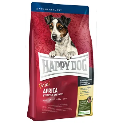 Confezione di crocchette Happy Dog Mini Africa, struzzo e patate, per cani adulti 1–10 kg. Testo visibile: Made in Germany, Single Protein, senza cereali, raccomandato da veterinari.