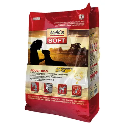 MAC's SOFT Adult Dog hundfoder, 65 % kycklingkött och 6 % fisk. Rosmarinextrakt, prebiotisk jäst, konserverat med vitamin E. Ikoner: hög acceptans, friska tänder, glänsande päls, varsamt tillverkat.