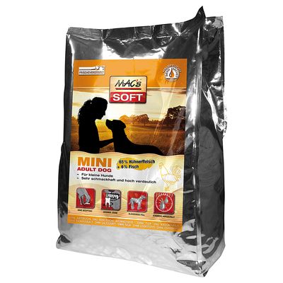 MAC's Soft Mini Adult Dog, 65 % Hühnerfleisch, 6 % Fisch. För små hundar. Text på tyska: sehr schmackhaft und hoch verdaulich. Ikoner för aptit, tänder, päls och tillverkning.