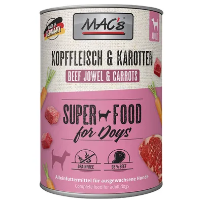 MAC's hrană pentru câini cu carne de cap și morcovi, Made in Germany, Super Food for Dogs, fără cereale, 93% carne de vită, hrană completă pentru câini adulți.