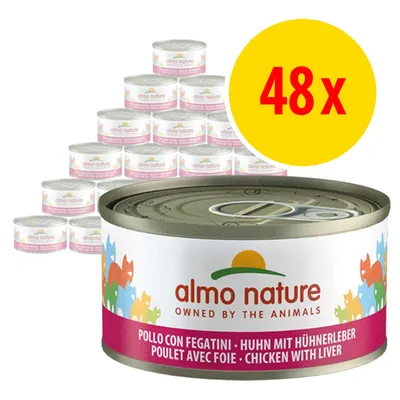 Pack of 48 tins labelled almo nature, chicken with liver, shown in multiple languages on the packaging. Pack of 48 tins labelled almo nature, chicken with liver, shown in multiple languages on the packaging.