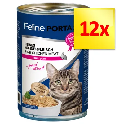 Feline Porta Feines Hühnerfleisch Fine Chicken Meat, pur/pure, bez dodatku cukru, zestaw 12x. Na opakowaniu zdjęcie kota i miski z karmą.