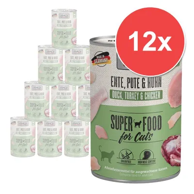 12× MAC's Super Food for Cats konzervy, Ente, Pute & Huhn, Duck, Turkey & Chicken, bez obilovin, vysoký obsah masa, Made in Germany. Kompletní krmivo pro dospělé kočky.