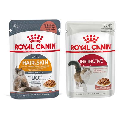 ROYAL CANIN Instinctive, karma w galaretce dla dorosłych kotów, opakowanie 85 g, zestaw 24 sztuki widoczny na żółtym tle