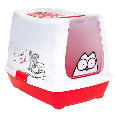 Toilette coperta per gatti Simon's Cat, plastica bianca e rossa con disegni di gatto e scritta 'Simon's Cat' visibili sul lato e sulla porta frontale.
