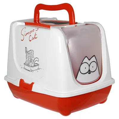 Transportbox mit rotem Griff und Boden, weißem Gehäuse, Comic-Aufdruck 'Simon's Cat' und Katzenmotiv auf der Tür. Transportbox mit rotem Griff und Boden, weißem Gehäuse, Comic-Aufdruck 'Simon's Cat' und Katzenmotiv auf der Tür.