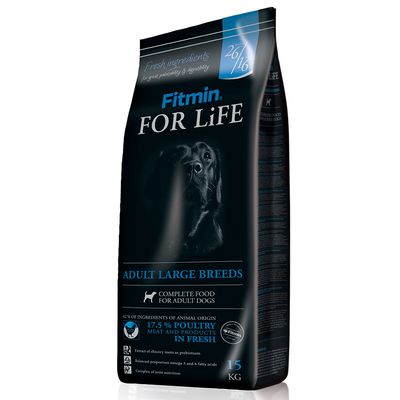 Упаковка корма Fitmin FOR LiFE для взрослых собак крупных пород, 15 кг. 17,5 % мясо птицы и продукты из свежего мяса. Надписи на английском языке.
