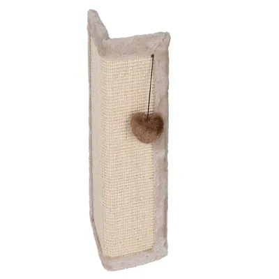 Tiragraffi angolare con sisal beige e bordo in peluche, gioco a forma di cuore marrone fissato con una corda. Tiragraffi angolare con sisal beige e bordo in peluche, gioco a forma di cuore marrone fissato con una corda.