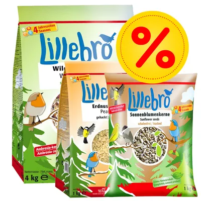 Lillebro Wildvogelfutter, Erdnusskerne gehackt und Sonnenblumenkerne schalenfrei. Ambrosia-kontrolliert, geeignet für alle Jahreszeiten. Netto: 4kg und 1kg. Rabatt-Symbol sichtbar. Lillebro Wildvogelfutter, Erdnusskerne gehackt und Sonnenblumenkerne schalenfrei. Ambrosia-kontrolliert, geeignet für alle Jahreszeiten. Netto: 4kg und 1kg. Rabatt-Symbol sichtbar.