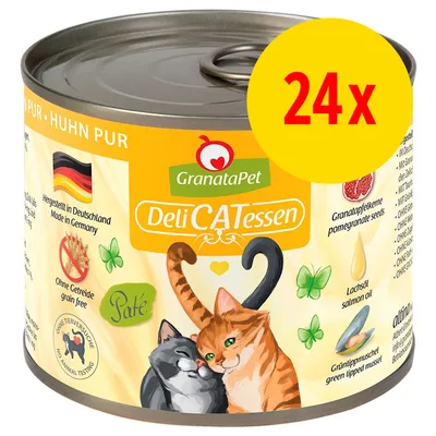 GranataPet DeliCATessen kattmat, Huhn Pur, 24x. Text: Made in Germany, Ohne Getreide, Paté, No animal testing, Granatapfelkerne, Lachsöl, Grünlippmuschel.
