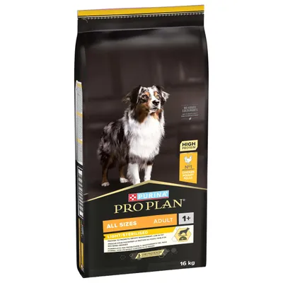 PURINA PRO PLAN All Sizes Adult 1+ Light/Sterilised, Højt Proteinindhold, Nr. 1 ingrediens Kylling, 16 kg taske, uden farvestoffer.