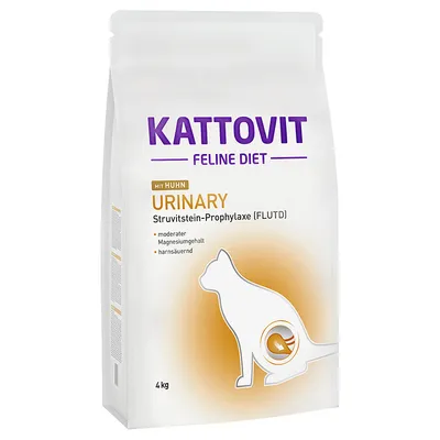 Sac de 4 kg Kattovit Feline Diet Urinary mit Huhn, Struvitstein-Prophylaxe (FLUTD), modérer Magnésiumgehalt, harnsäuernd. Silhouette de chat imprimée sur l’emballage.