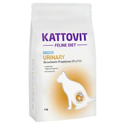 Kattovit Feline Diet Urinary mit Thun, Struvitstein-Prophylaxe (FLUTD), 4 kg, teneur modérée en magnésium, acidifiant urinaire. Texte en allemand sur l'emballage.