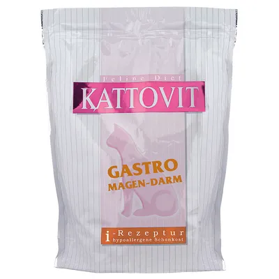 Sachet de croquettes Kattovit Feline Diet, texte visible : GASTRO MAGEN-DARM, i-Rezeptur hypoallergene Schonkost. Illustration d’un chat rose sur l’emballage.