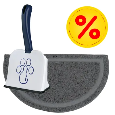 Set aus grauer Matte und weißer Schaufel mit Katzenpfoten-Logo. Gelbes Prozentzeichen für Rabatt sichtbar.