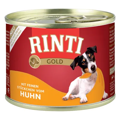 RINTI GOLD dåse med tekst: Mit feinen Stückchen vom Huhn. Billede af lille sort-hvid hund på forsiden. Guld låg og rød-orange etiket. RINTI GOLD dåse med tekst: Mit feinen Stückchen vom Huhn. Billede af lille sort-hvid hund på forsiden. Guld låg og rød-orange etiket.