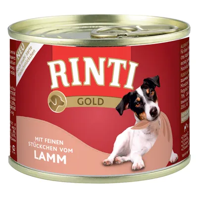 Rinti Gold -tölkki hienoilla lampaanpaloilla, punainen design, koiran kuva. Huom: Uusi, erityisen mureat lihapalat.