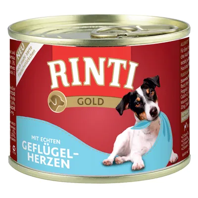 Rinti Gold konzerva s pravými kuřecími srdíčky, červený design, vyobrazení psa. Upozornění: nová receptura s jemnými kousky masa.