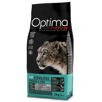 Optimanova Cat Sterilised Chicken & Rice, 2 kg. 75 % kanaa: 40 % tuoretta, 30 % kuivattua, 5 % hydrolysoitua. Omega 3 ja 6, iho- ja turkkisuoja, suoliston terveys, vitaliteetti. Super Premium kissanruoka.