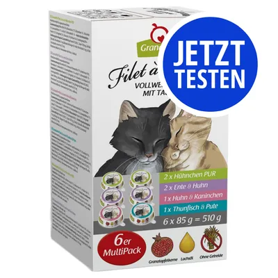 GranataPet Filet à la carte Katzenfutter, 6er Multipack: 2x Hühnchen PUR, 2x Ente & Huhn, 1x Huhn & Kaninchen, 1x Thunfisch & Pute. 6x85g = 510g. Granatapfelkerne, Lachsöl, ohne Getreide.
