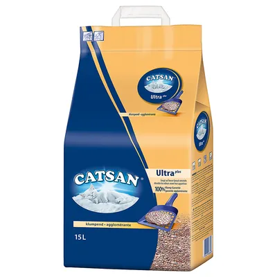 Catsan Ultra Plus kattsand, klumpbildande, 15L. 100% klumpgranulat för maximal luktbindning.