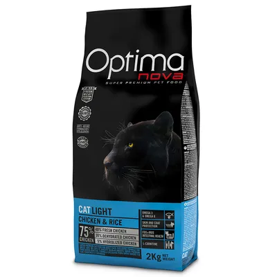 Optimanova Cat Light Chicken & Rice, 2kg. 75 % kanaa: 40 % tuoretta kanaa, 30 % kuivattua kanaa, 5 % hydrolysoitua kanaa. Omega 3 & 6, iho- ja turkkisuoja, FOS-MOS suoliston terveys, L-karnitiini.