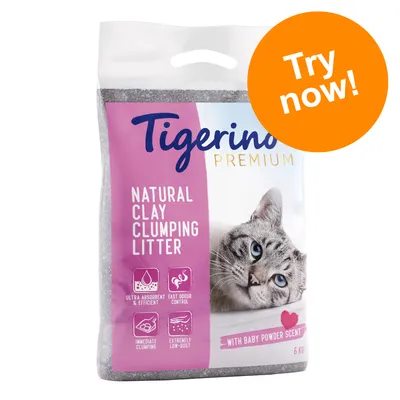 Tigerino Premium Natural Clay Clumping Litter, with baby powder scent, 6 kg. Ultra absorbent & efficient, fast odour control, immediate clumping, extremely low-dust. Try now!