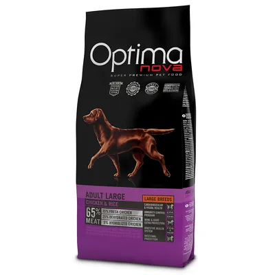 Optima Nova Adult Large Chicken & Rice, 65 % lihapitoisuus: 35 % tuoretta kanaa, 25 % kuivattua kanaa, 5 % hydrolysoitua kanaa. Suurille roduille. Tukee sydäntä, luita ja ruoansulatusta.