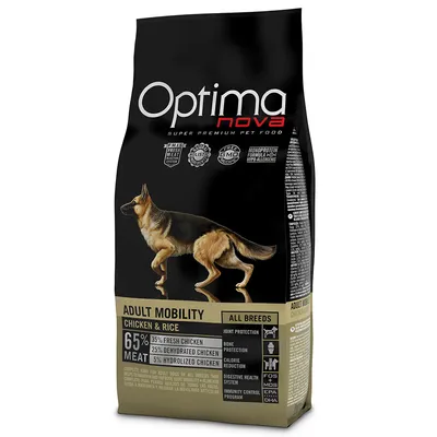 Optima nova Adult Mobility Chicken & Rice, 65% vleesgehalte, voor alle rassen. Vers kip 35%, gedroogde kip 25%, gehydrolyseerde kip 5%. Gewrichtsbescherming, botversterking, spijsverteringsondersteuning.