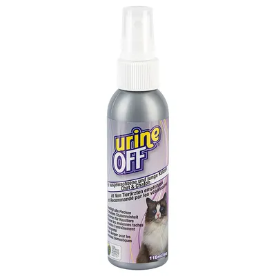 Spray Urine Off Chat & Chaton 118 ml, recommandé par les vétérinaires, texte en allemand et français, photo d’un chat sur l’étiquette.