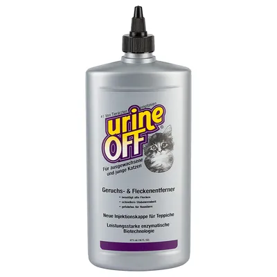 Bouteille Urine Off pour chats, texte en allemand : éliminateur d’odeurs et de taches, biotechnologie enzymatique, 473 ml. Pour chats adultes et jeunes. Texte non disponible en fr_BE.